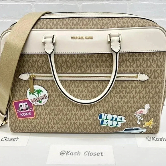 Michael Kors Weekender Travel Bag Top Zip Large Jet Set Girls Travel Light Cream - Picture 8 of 11